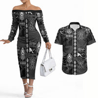 Papua New Guinea Heritage Motif Couples Matching Off The Shoulder Long Sleeve Dress and Hawaiian Shirt Black Version