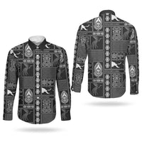 Papua New Guinea Heritage Motif Couples Matching Off The Shoulder Long Sleeve Dress and Long Sleeve Button Shirt Black Version