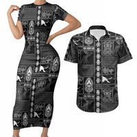 Papua New Guinea Heritage Motif Couples Matching Short Sleeve Bodycon Dress and Hawaiian Shirt Black Version