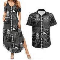 Papua New Guinea Heritage Motif Couples Matching Summer Maxi Dress and Hawaiian Shirt Black Version