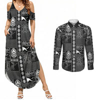 Papua New Guinea Heritage Motif Couples Matching Summer Maxi Dress and Long Sleeve Button Shirt Black Version
