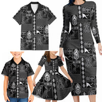 Papua New Guinea Heritage Motif Family Matching Long Sleeve Bodycon Dress and Hawaiian Shirt Black Version