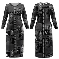 Papua New Guinea Heritage Motif Family Matching Long Sleeve Bodycon Dress and Hawaiian Shirt Black Version