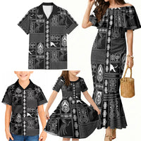 Papua New Guinea Heritage Motif Family Matching Mermaid Dress and Hawaiian Shirt Black Version
