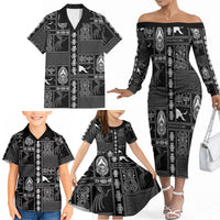 Papua New Guinea Heritage Motif Family Matching Off The Shoulder Long Sleeve Dress and Hawaiian Shirt Black Version