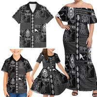 Papua New Guinea Heritage Motif Family Matching Off Shoulder Maxi Dress and Hawaiian Shirt Black Version