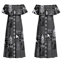 Papua New Guinea Heritage Motif Family Matching Off Shoulder Maxi Dress and Hawaiian Shirt Black Version