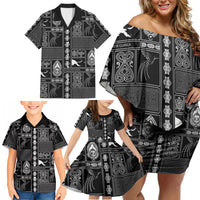 Papua New Guinea Heritage Motif Family Matching Off Shoulder Short Dress and Hawaiian Shirt Black Version