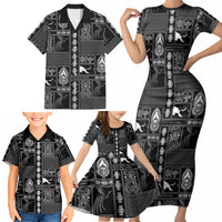 Papua New Guinea Heritage Motif Family Matching Short Sleeve Bodycon Dress and Hawaiian Shirt Black Version