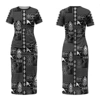 Papua New Guinea Heritage Motif Family Matching Short Sleeve Bodycon Dress and Hawaiian Shirt Black Version