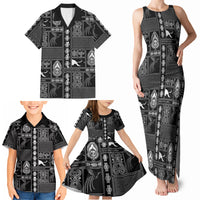 Papua New Guinea Heritage Motif Family Matching Tank Maxi Dress and Hawaiian Shirt Black Version