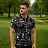 Papua New Guinea Heritage Motif Zipper Polo Shirt Black Version