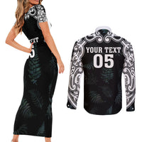 Custom New Zealand Fern Women Rugby Couples Matching Short Sleeve Bodycon Dress and Long Sleeve Button Shirt Maori Pattern