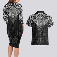 New Zealand Aotearoa Couples Matching Long Sleeve Bodycon Dress and Hawaiian Shirt Maori Manta Ray Moko Black - Polynesian Pride