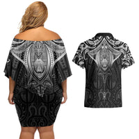 New Zealand Aotearoa Couples Matching Off Shoulder Short Dress and Hawaiian Shirt Maori Manta Ray Moko Black - Polynesian Pride