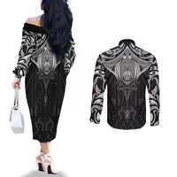 New Zealand Aotearoa Couples Matching Off The Shoulder Long Sleeve Dress and Long Sleeve Button Shirt Maori Manta Ray Moko Black - Polynesian Pride