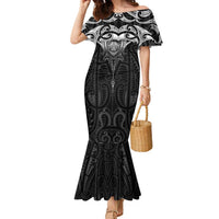 New Zealand Aotearoa Family Matching Mermaid Dress and Hawaiian Shirt Maori Manta Ray Moko Black - Polynesian Pride