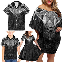 New Zealand Aotearoa Family Matching Off Shoulder Short Dress and Hawaiian Shirt Maori Manta Ray Moko Black - Polynesian Pride