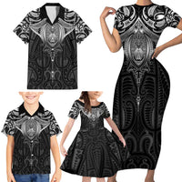 New Zealand Aotearoa Family Matching Short Sleeve Bodycon Dress and Hawaiian Shirt Maori Manta Ray Moko Black - Polynesian Pride