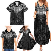 New Zealand Aotearoa Family Matching Summer Maxi Dress and Hawaiian Shirt Maori Manta Ray Moko Black - Polynesian Pride