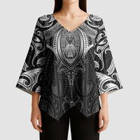 New Zealand Aotearoa Kimono Sleeve Blouse Maori Manta Ray Moko Black - Polynesian Pride