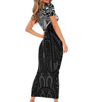 New Zealand Aotearoa Short Sleeve Bodycon Dress Maori Manta Ray Moko Black - Polynesian Pride