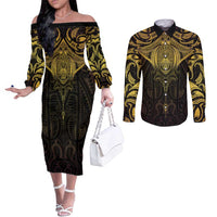 New Zealand Aotearoa Couples Matching Off The Shoulder Long Sleeve Dress and Long Sleeve Button Shirt Maori Manta Ray Moko Gold - Polynesian Pride
