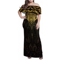 New Zealand Aotearoa Family Matching Off Shoulder Maxi Dress and Hawaiian Shirt Maori Manta Ray Moko Gold - Polynesian Pride