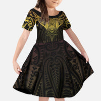 New Zealand Aotearoa Family Matching Short Sleeve Bodycon Dress and Hawaiian Shirt Maori Manta Ray Moko Gold - Polynesian Pride