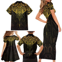 New Zealand Aotearoa Family Matching Short Sleeve Bodycon Dress and Hawaiian Shirt Maori Manta Ray Moko Gold - Polynesian Pride