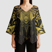 New Zealand Aotearoa Kimono Sleeve Blouse Maori Manta Ray Moko Gold - Polynesian Pride