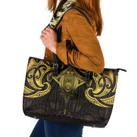 New Zealand Aotearoa Leather Tote Bag Maori Manta Ray Moko Gold - Polynesian Pride