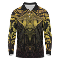 New Zealand Aotearoa Long Sleeve Polo Shirt Maori Manta Ray Moko Gold - Polynesian Pride