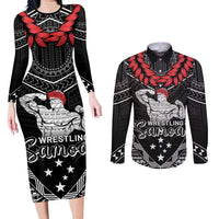 Custom Samoa Wrestling Couples Matching Long Sleeve Bodycon Dress and Long Sleeve Button Shirt Samoan Wrestler Ulafala Style LT05 Black - Polynesian Pride