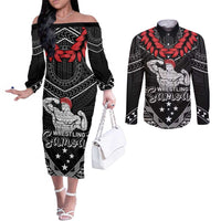 Custom Samoa Wrestling Couples Matching Off The Shoulder Long Sleeve Dress and Long Sleeve Button Shirt Samoan Wrestler Ulafala Style LT05 Black - Polynesian Pride