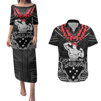 Custom Samoa Wrestling Couples Matching Puletasi and Hawaiian Shirt Samoan Wrestler Ulafala Style LT05 Black - Polynesian Pride