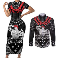 Custom Samoa Wrestling Couples Matching Short Sleeve Bodycon Dress and Long Sleeve Button Shirt Samoan Wrestler Ulafala Style LT05 Black - Polynesian Pride