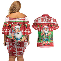 Mele Kalikimaka Hawaii Christmas Couples Matching Off Shoulder Short Dress and Hawaiian Shirt Funny Santa 67 Gen Alpha Slang - Polynesian Pride