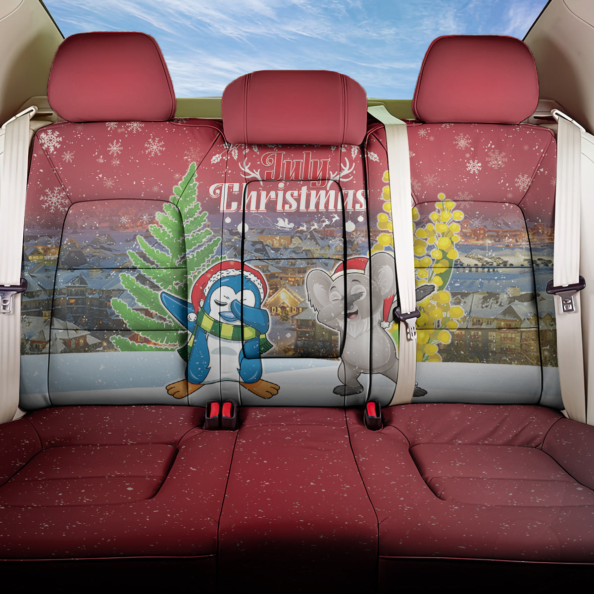 Christmas In July Back Car Seat Cover Funny Dabbing Dance Koala And Blue Penguins