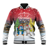Personalised Christmas In July Baseball Jacket Funny Dabbing Dance Koala And Blue Penguins LT05 Unisex Red - Polynesian Pride