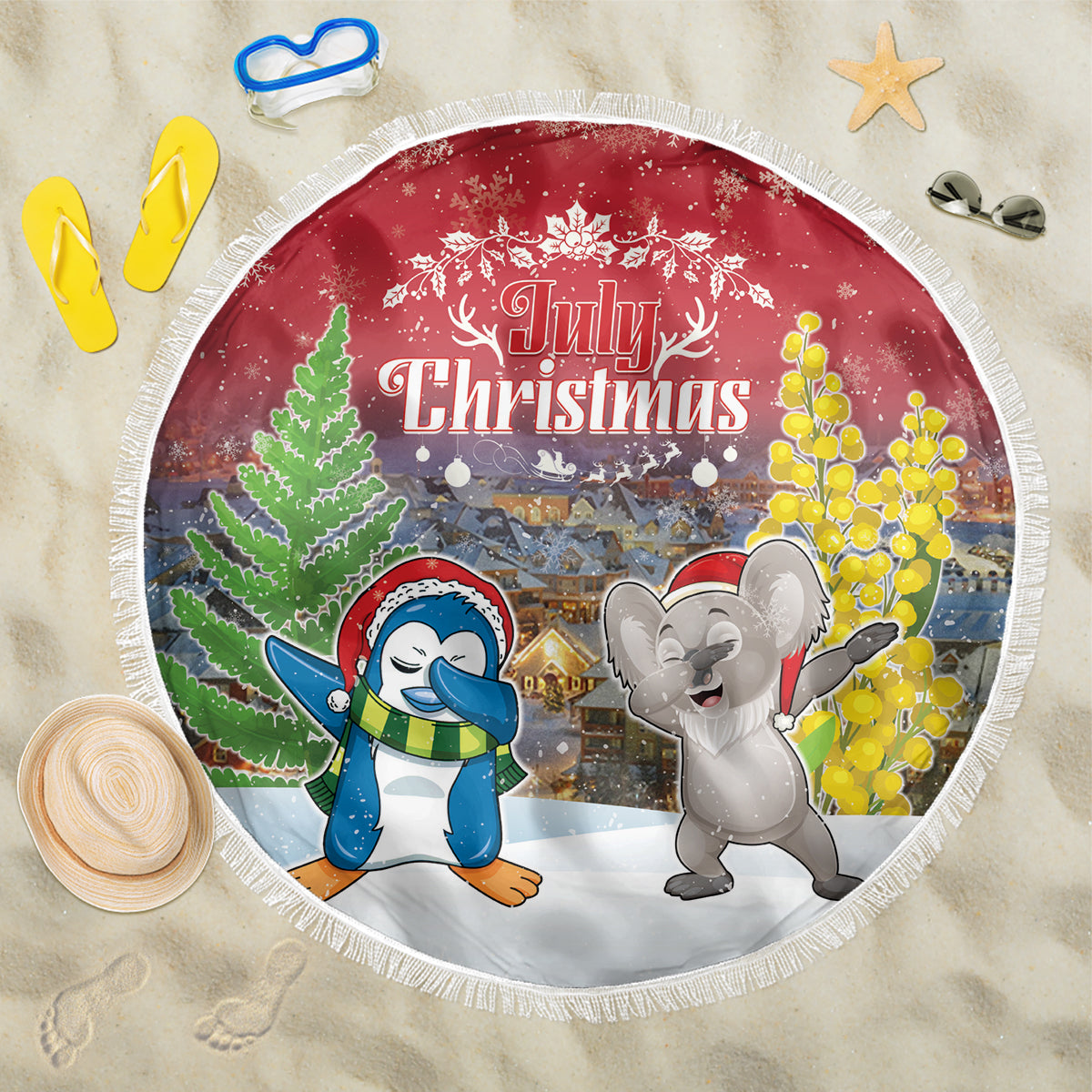 Christmas In July Beach Blanket Funny Dabbing Dance Koala And Blue Penguins