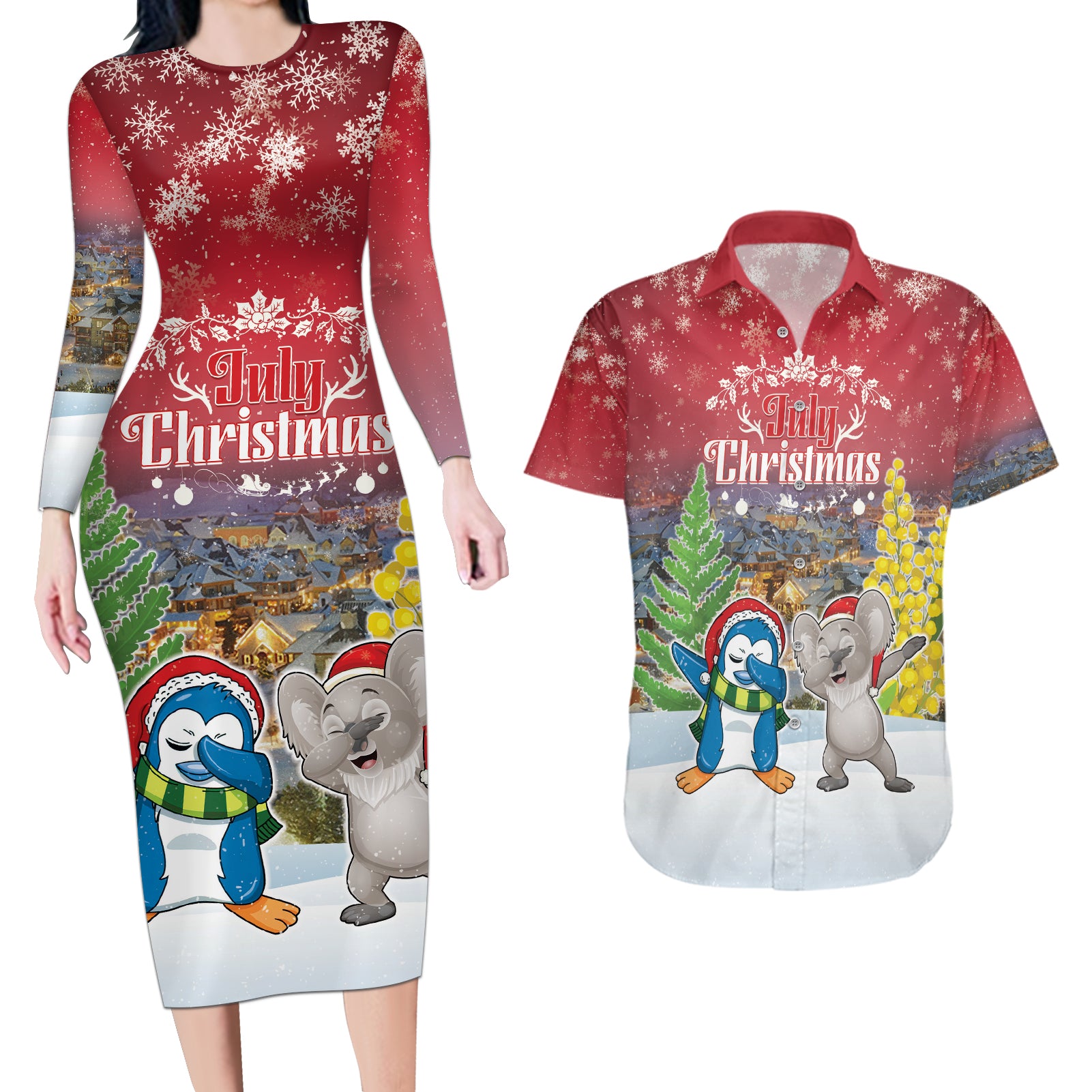 Personalised Christmas In July Couples Matching Long Sleeve Bodycon Dress and Hawaiian Shirt Funny Dabbing Dance Koala And Blue Penguins