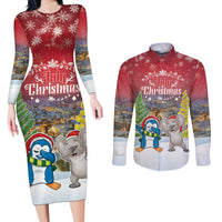 Personalised Christmas In July Couples Matching Long Sleeve Bodycon Dress and Long Sleeve Button Shirt Funny Dabbing Dance Koala And Blue Penguins
