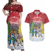 Personalised Christmas In July Couples Matching Off Shoulder Maxi Dress and Hawaiian Shirt Funny Dabbing Dance Koala And Blue Penguins