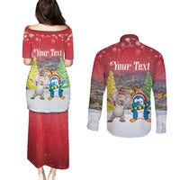 Personalised Christmas In July Couples Matching Puletasi and Long Sleeve Button Shirt Funny Dabbing Dance Koala And Blue Penguins