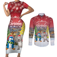 Personalised Christmas In July Couples Matching Short Sleeve Bodycon Dress and Long Sleeve Button Shirt Funny Dabbing Dance Koala And Blue Penguins
