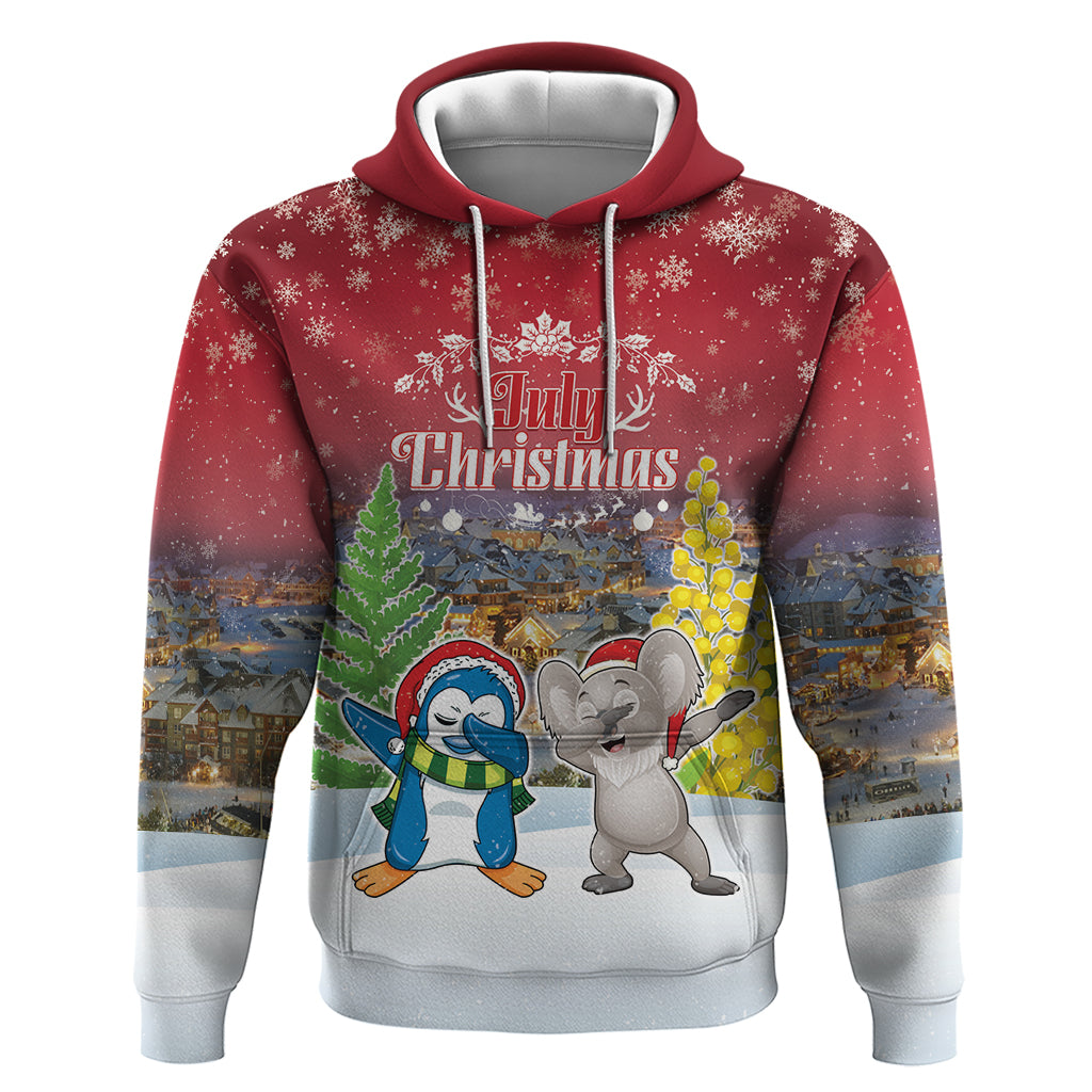 Personalised Christmas In July Hoodie Funny Dabbing Dance Koala And Blue Penguins