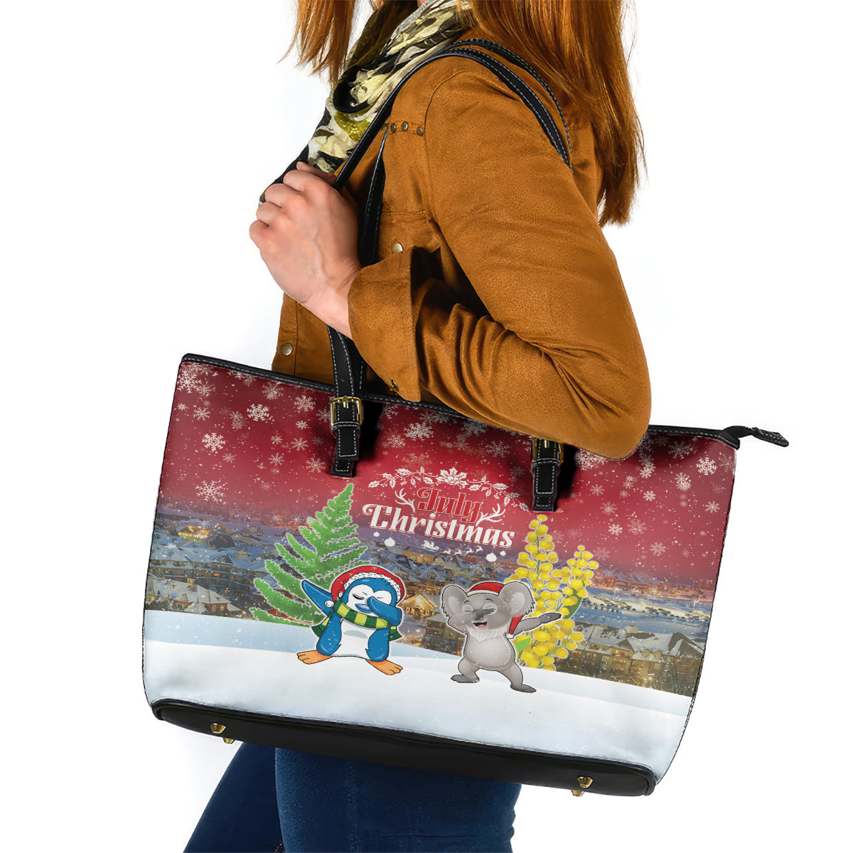 Christmas In July Leather Tote Bag Funny Dabbing Dance Koala And Blue Penguins