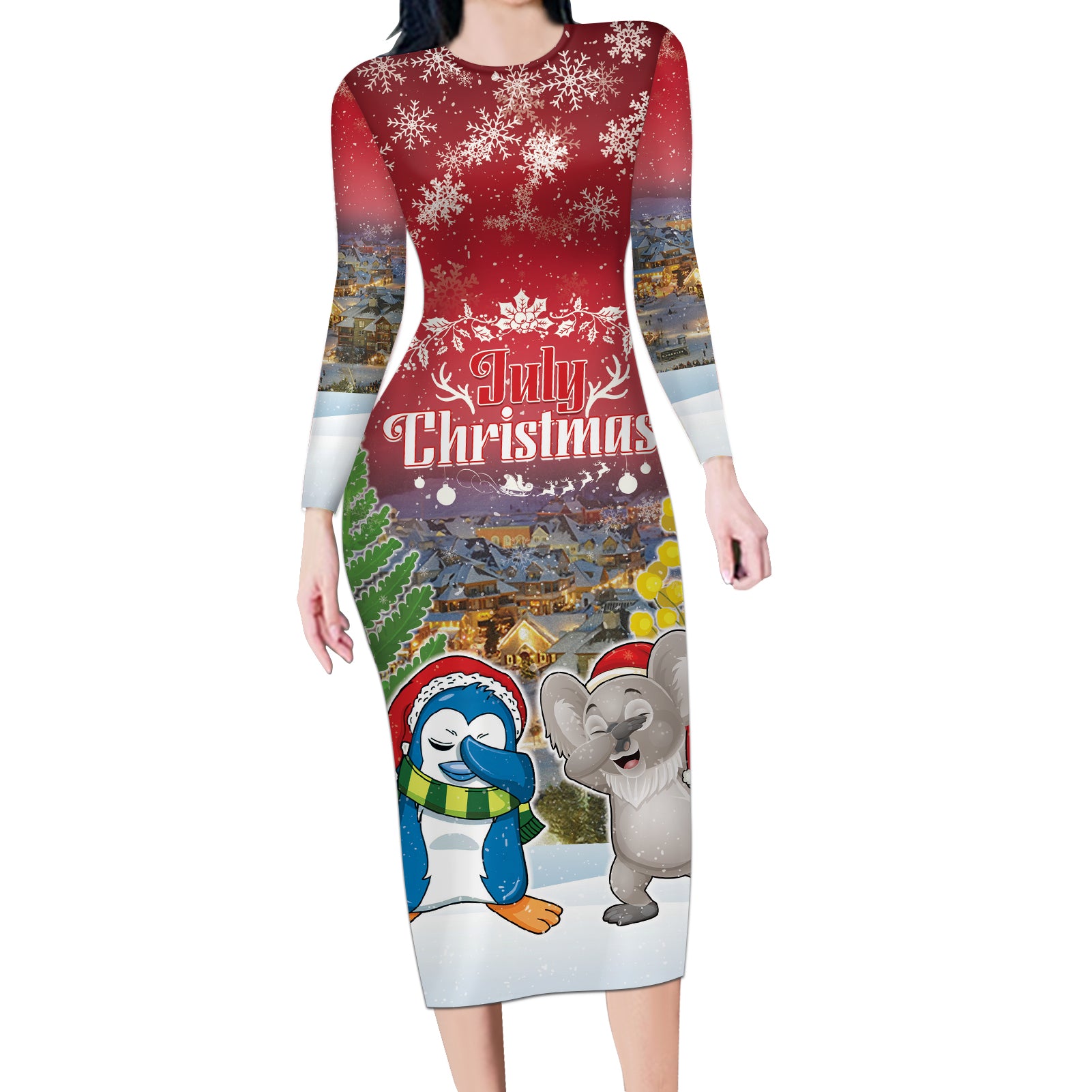 Personalised Christmas In July Long Sleeve Bodycon Dress Funny Dabbing Dance Koala And Blue Penguins