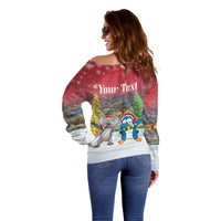 Personalised Christmas In July Off Shoulder Sweater Funny Dabbing Dance Koala And Blue Penguins